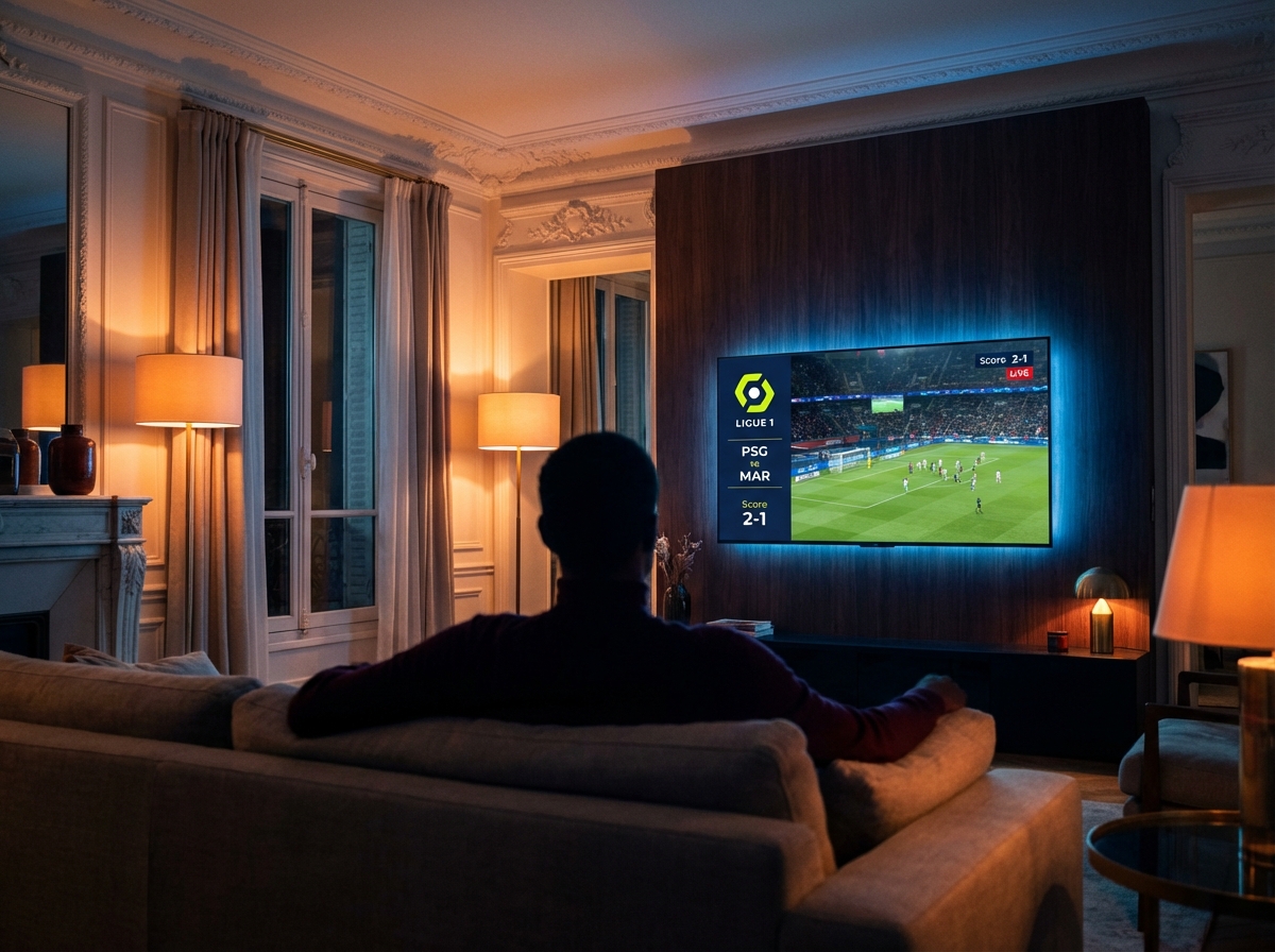 Salon français avec un match de Ligue 1 diffusé grâce à un abonnement IPTV 12 mois en 4K sur Smart TV